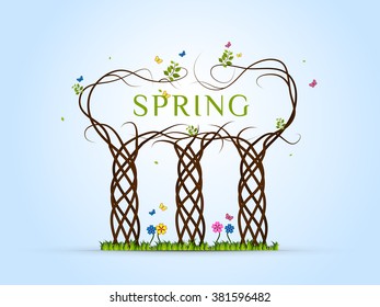 Spring background with trees and leaves, flowers and butterflies