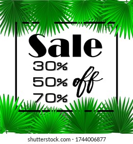 Spring background with tropical green leaves and square frame on trendy geometric backdrop. seasonal background. Vector illustration. Fresh template design for posters, flyers, brochures or vouchers.