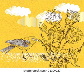 Spring background with tulips and bird