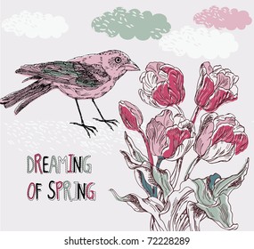 Spring background with tulips and bird