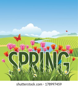 Spring background with tulips and butterflies EPS 10 vector, grouped for easy editing. No open shapes or paths.