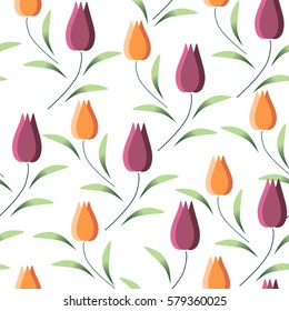 Spring background with tulips and leaves. Vector illustration