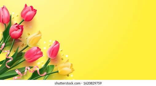 Spring background with tulips and pink ribbons.Vector background with flowers for 8 March and Valentine's Day, Mother's Day, seasonal sales, weddings