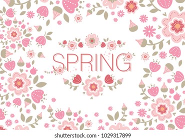 Spring background. Spring typography composition with floral decor. Frame of flowers, for invitations, seasonal greetings, wedding printing, international women's day, mother's day