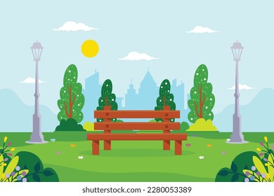 Spring background. Urban park in spring flat design vector illustration. 