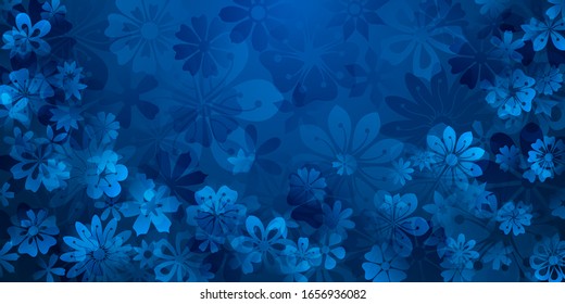 Spring background of various flowers in blue colors