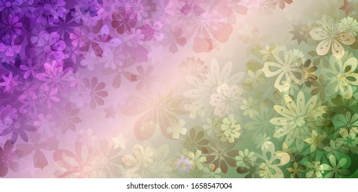 Spring background of various flowers in purple, yellow and green colors