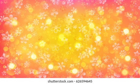 Spring background of various flowers and sun glares in pink and yellow colors