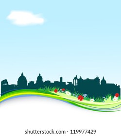 Spring background with vector Rome silhouette skyline