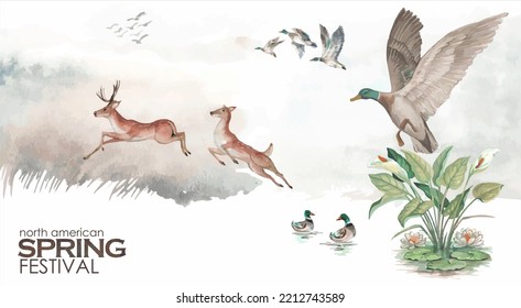 spring background vector watercolor illustration, for the spring activity festival background also this year's great hunting season