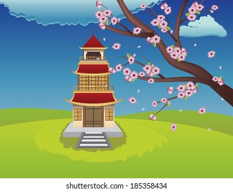 Spring background with vintage oriental house and sakura in bloom.