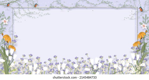 Spring background with violet lavender flower border on purple wall background, Vector illustration horizontal backdrop of blooming flora frame with bird,Holiday banner for Springtime or Summer sale