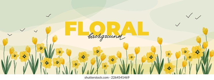 Fondo primaveral con elementos botánicos acuarelas para el diseño de pancartas. Plantilla con flores amarillas, tulipán, elementos florales, tallos. Ilustración horizontal