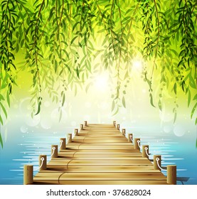 Spring background with weeping willow, lake and pier.