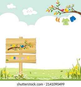 Spring background with welcome flags on wooden signboard,Kid clothe hanging on tree with clouds on blue sky background,Vector Banner of green grass field in Sunny day,Easter greeting card