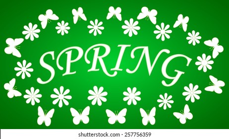 Spring background white butterflies and flowers (green background). Label, word, inscription "Spring".