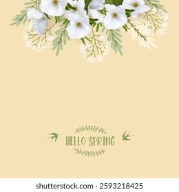 Spring background with white flower blossom and drawn plants