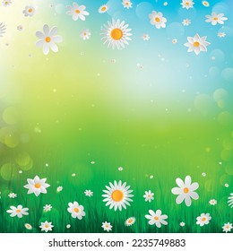 Spring background with white flowers in the grass.
