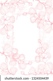 Spring background with white and pink flowers and space for text vector illustration. Flowering branches of cherry blossoms and magnolias. Vertical greeting card, design with flowers.