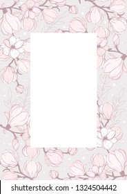 Spring background with white and pink flowers and space for text vector illustration. Flowering branches of cherry blossoms and magnolias. Vertical greeting card, design with flowers.
