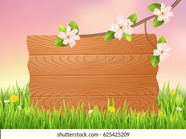 Spring background with wooden board and flowers.Vector illustration.
