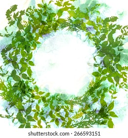 Spring background, wreath with green leaves, watercolor. Round banner for text. Vector