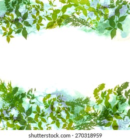Spring background, wreath with green leaves, watercolor. banner for text. Vector