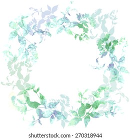 Spring background, wreath with mint green leaves, watercolor. Round banner for text. Vector
