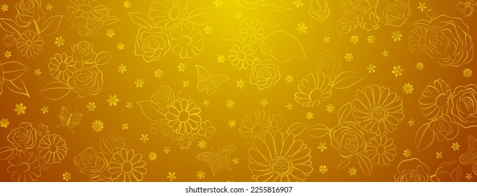 Frühlingshintergrund in gelben Farben aus verschiedenen Blumen und Schmetterlingen