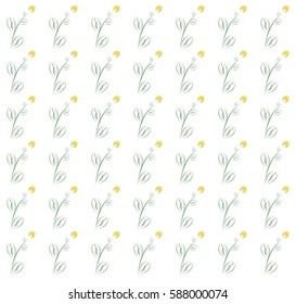 Spring background with yellow flowers with green leaves and stems in a row side by side and one below the other on a white background 