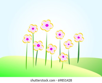 Spring background with  Yellow flowers and green grass