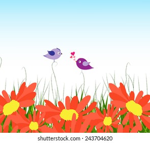 spring background with yellow sunflowers and couple bird lovely