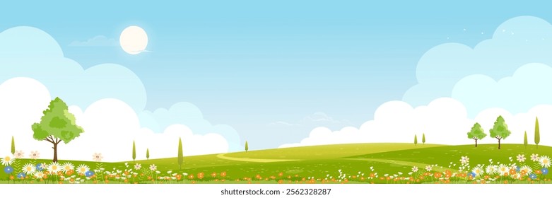 Spring background,Blue sky,clouds,sun,flowers field,tree,green meadow landscape,Vector cartoon countryside rural nature in sunny day summer,Village scene valley for screen wallpaper background banner