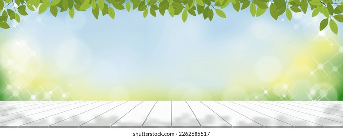 Spring background,Display studio with 3d podium on white wood texture with nature bokeh light,Vector Backdrop wood top table with light effect.Spring,Summer branding product presentation concept