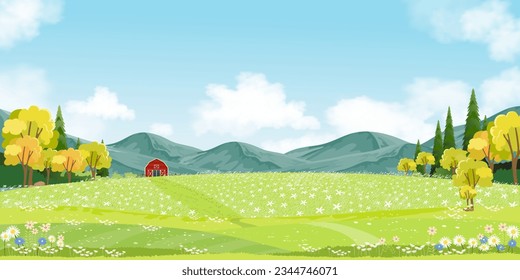 Spring Background,Mountain Landscape with Flowers Field,Blue Sky and Clouds,Panorama Summer rural nature in with green grass land on hill.Cartoon Vector illustration backdrop for Nature banner 