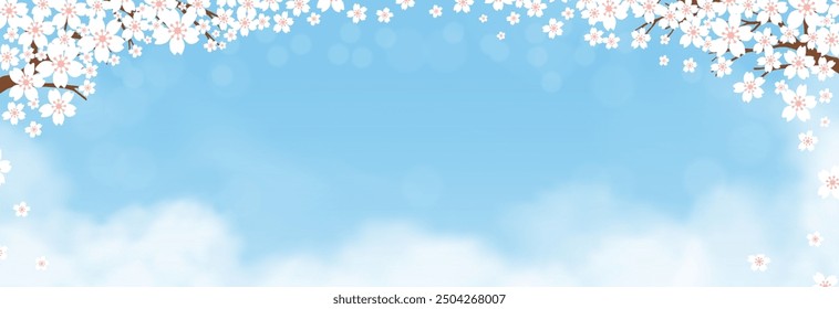Spring Background,Nature Landscape Cherry flowers blossom frame border with bokeh sunlight reflection from sky blue in morning.Vector Banner banner for Easter,Mothers Day,invitation,greeting card