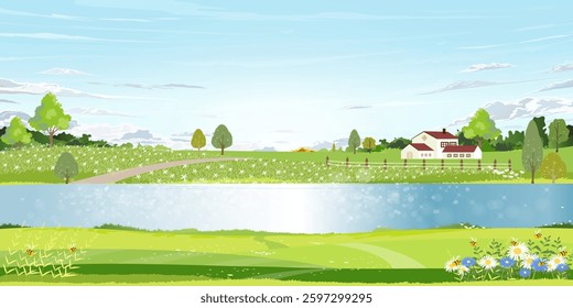 Spring Background,Nature landscape  scene countryside with blue sky cloud, blue river, wood barn on farm field,Vector cute cartoon Panorama Summer season with flower in garden, green grass on mountain