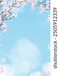 Spring Background,Pink Cherry Blossom,Bubble on Sky Blue,Cloud Background for Cosmetic product branding,Vector Vertical Sunny day with Spring Flower Border Frame,Beautiful nature branch of  sakura