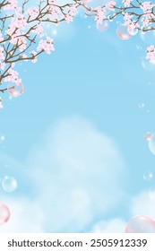 Spring Background,Pink Cherry Blossom,Bubble on Sky Blue,Cloud Background for Cosmetic product branding,Vector Vertical Sunny day with Spring Flower Border Frame,Beautiful nature branch of  sakura