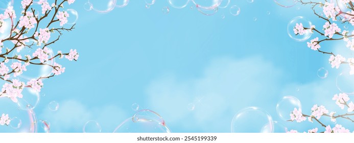 Spring Background,Pink Cherry Blossom,Bubble on Sky Blue,Cloud Background for Cosmetic product branding,Vector Vertical Sunny day with Spring Flower Border Frame,Beautiful nature branch of sakura