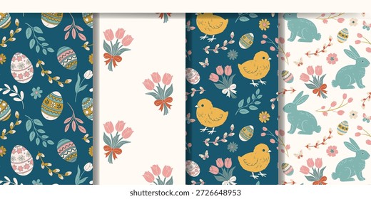 Fondos de primavera con conejos, pájaros y huevos de pascua. Patrones de primavera sin fisuras. Ornamentos de Pascua