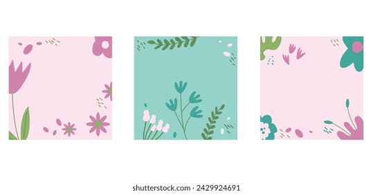 Spring backgrounds set. Floral abstract banner template collection. Card with flowers decoration. Vector flat illustration.