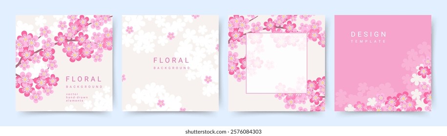 Spring backgrounds set with pink flowers. Cherry blossom branch. Vector illustration in flat style for social media post, cover, card, invitation, banner, advertising, design