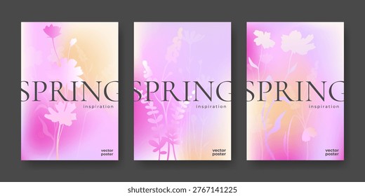 Spring backgrounds with soft gradient bloom and delicate wild flower and leaves silhouettes, abstract floral atmosphere vector poster set. Bright seasonal pattern, design and nature template