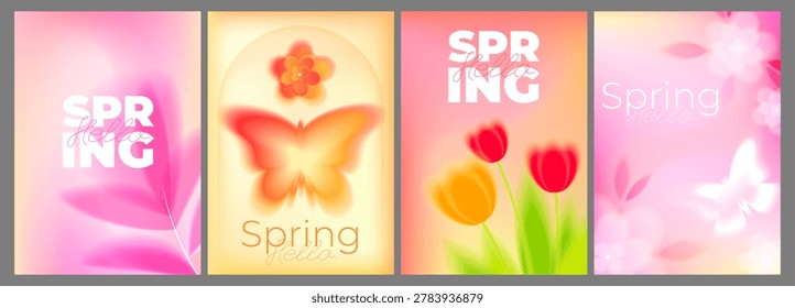Spring backgrounds with soft gradient blur, pink pastel blooming flowers or trees. Vector seasonal backdrop with natural light, gentle floral pattern and butterfly, defocused blossom cards set