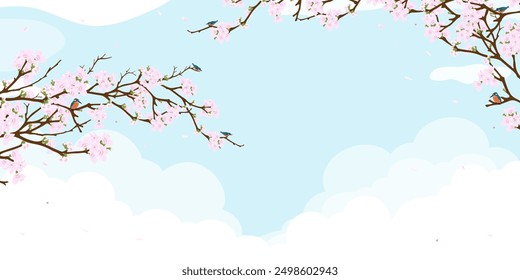 Spring Background,Sky blue,Cloud with Pink Cherry Blossom Branches Tree and Little Birds.Vector illustration Cute Natural spring landscape with Japanese sakura flower with copy space for Easter banner