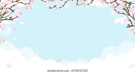 Spring Background,Sky blue,Cloud,Bubble Flying,Pink Cherry Blossom Branches Tree and Little Birds.Vector illustration Cute natural spring landscape with Japanese sakura flower for Easter banner