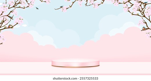 Spring Background,Sky blue,Cloud,Cherry Blossom and Pink Podium for Easter banner,Vector illustration  Japanese sakura flower Branches Tree and Bird, flower frame border for Mother Day,Valentines