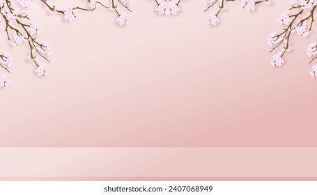 Spring background,Studio Room with 3D Podium Display with Cherry Blossoming on Pink Wall Background,Vector illustration backdrop Sakura flower frame border for Mother Day,Valentines,Easter Banner