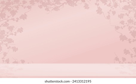 Fondo de primavera, sala de estudio con pantalla de podio 3D con flores de cerezo en fondo de pared rosa,Fondo de ilustración de vector Sakura borde de marco floral para el Día de la Madre,San Valentín,Banner de Pascua